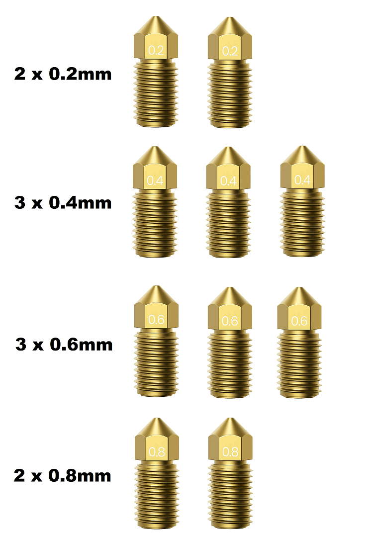 Ankermake M5 - Stútapakki 10 stykki mismunandi stærðir 0.2mm-0.8mm
